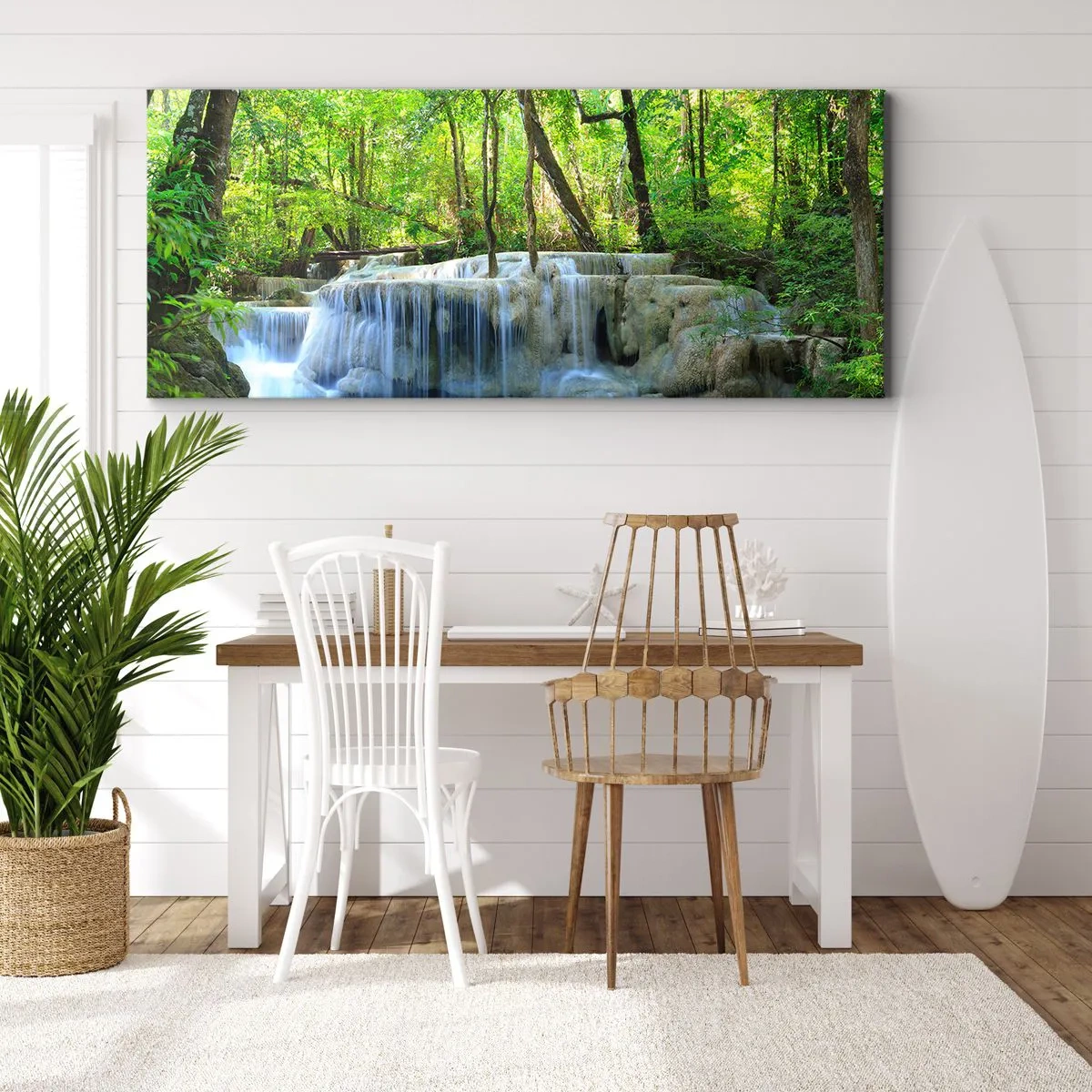 Cuadro sobre lienzo - Impresión de Imagen - Una cascada entre árboles verdes con agua azul en un entorno natural. - 140x50cm - Ahogarse en turquesa y verde - Decoración de pared moderna para salón y dormitorio ARTTOR