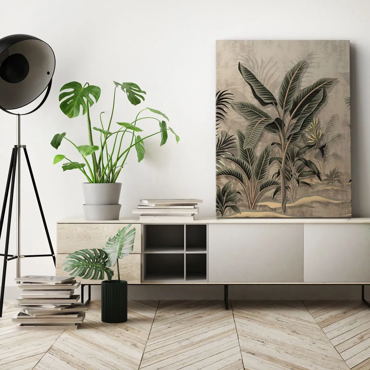 Cuadro sobre lienzo - Impresión de Imagen - Palmeras y vegetación tropical en tonos verdes sobre fondo beige. - 50x70cm - Grabados de estilo colonial - Decoración de pared moderna para salón y dormitorio ARTTOR