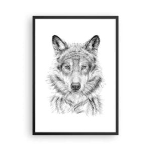 Póster en marco negro - Dibujo detallado de un lobo en estilo blanco y negro. - 50x70cm - Un líder nato - Decoración de pared moderna para salón y dormitorio ARTTOR