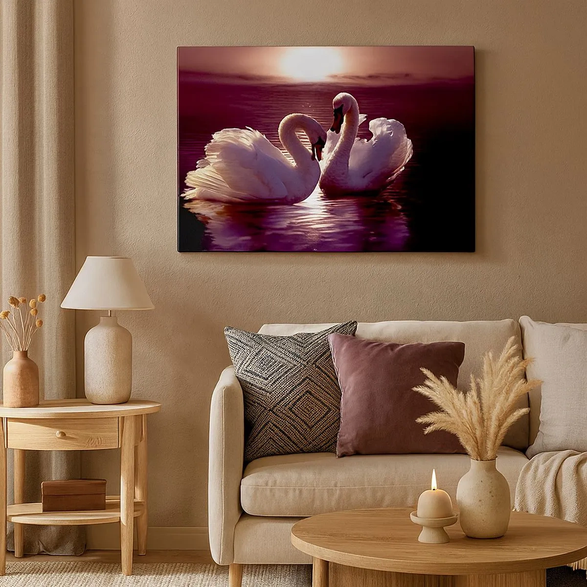 Cuadro sobre lienzo - Impresión de Imagen - Dos cisnes en un lago tranquilo al atardecer - 70x50cm - Hasta que la muerte nos separe - Decoración de pared moderna para salón y dormitorio ARTTOR