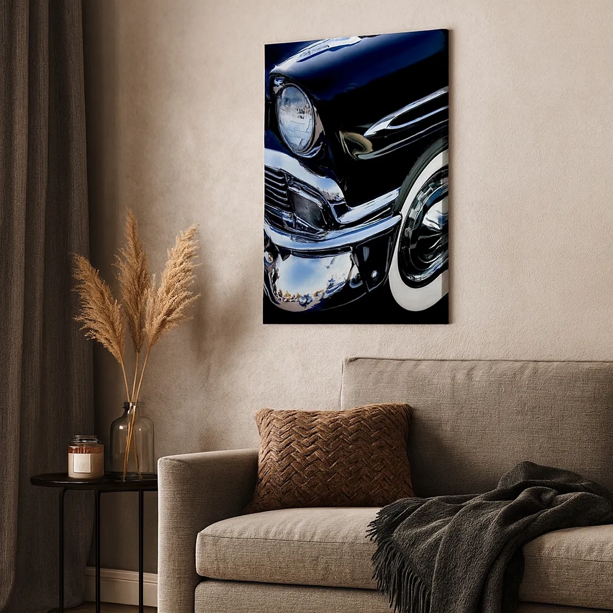 Cuadro sobre lienzo - Impresión de Imagen - Primer plano del faro y el guardabarros de un coche clásico negro - 50x70cm - Clásicos en plata, negro y blanco - Decoración de pared moderna para salón y dormitorio ARTTOR
