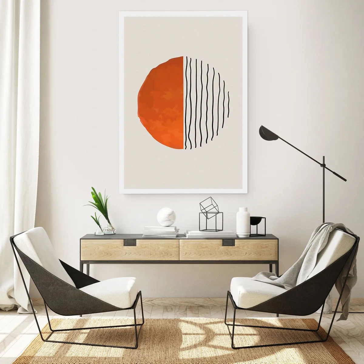 Póster - Círculo abstracto con naranja y mitad lineal. - 50x70cm - En un ambiente japonés - Decoración de pared moderna para salón y dormitorio ARTTOR