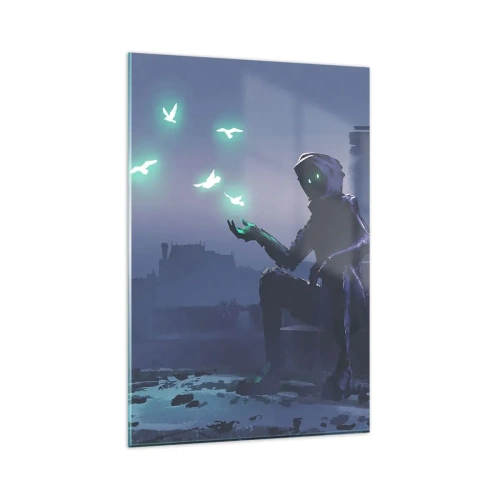 Cuadro sobre vidrio - Impresiones sobre Vidrio - Una figura encapuchada con pájaros mágicos en el fondo de una ciudad. - 80x120cm - La vida volverá - Decoración de pared moderna para salón y dormitorio ARTTOR