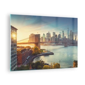 Cuadro sobre vidrio - Impresiones sobre Vidrio - Panorama de la ciudad de Nueva York con el puente de Brooklyn - 70x50cm - El amanecer de la gran ciudad - Decoración de pared moderna para salón y dormitorio ARTTOR