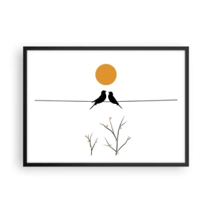 Póster en marco negro - Pájaros en una línea con un sol amarillo. - 70x50cm - Noche de ruiseñores - Decoración de pared moderna para salón y dormitorio ARTTOR