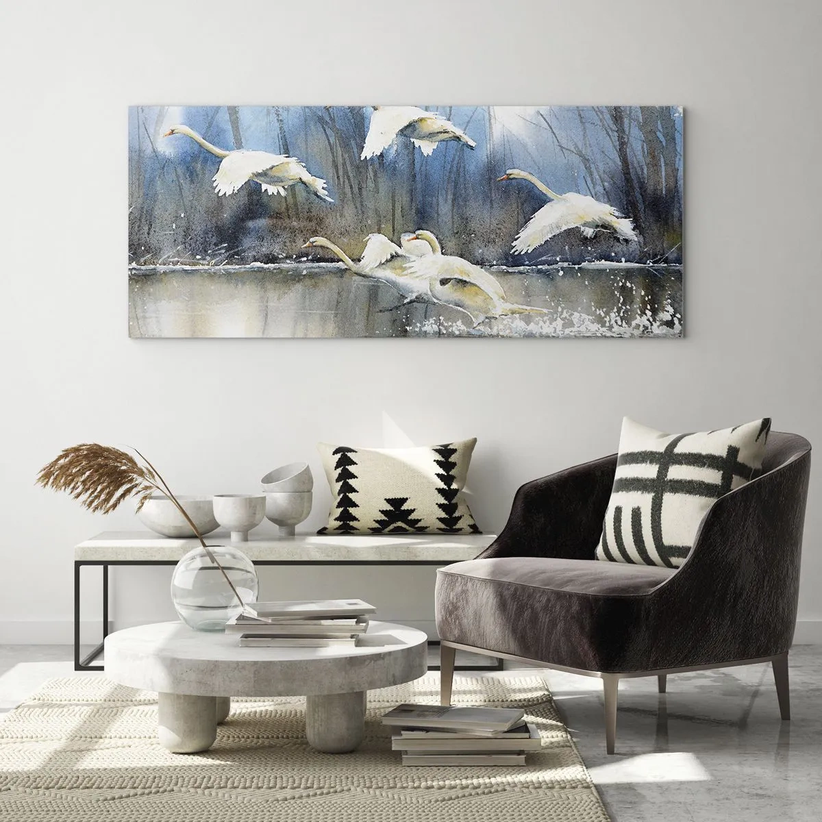 Cuadro sobre vidrio - Impresiones sobre Vidrio - Cisnes en vuelo sobre un lago congelado en un paisaje invernal - 140x50cm - Como en un cuento de cisnes salvajes - Decoración de pared moderna para salón y dormitorio ARTTOR