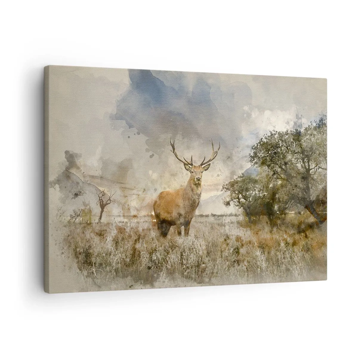 Cuadro sobre lienzo - Impresión de Imagen - Un ciervo en un entorno natural en estilo acuarela. - 70x50cm - Dignidad - fuerza - encanto - Decoración de pared moderna para salón y dormitorio ARTTOR
