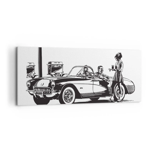 Cuadro sobre lienzo - Impresión de Imagen - Una escena retro en blanco y negro con un coche y una camarera en patines. - 120x50cm - Años 60 - la América despreocupada - Decoración de pared moderna para salón y dormitorio ARTTOR