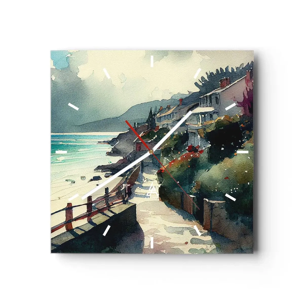 Reloj de pared - Reloj de vidrio - Paseo marítimo con casas y vegetación - 30x30cm - Ciudad mediterránea - Decoración de pared moderna para salón y dormitorio ARTTOR