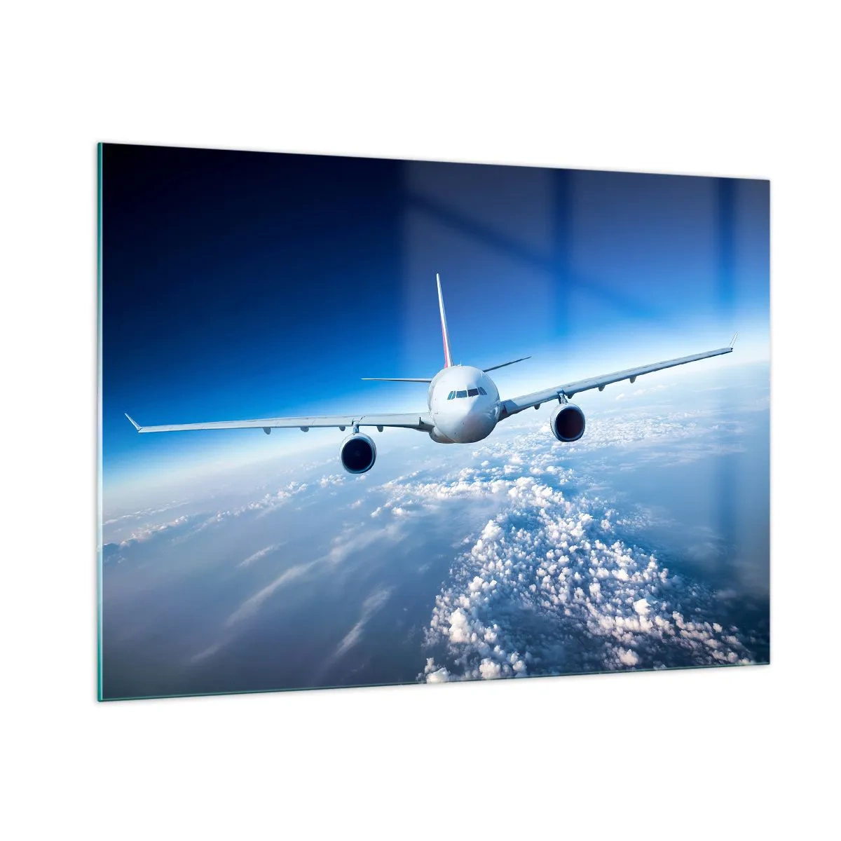 Cuadro sobre vidrio - Impresiones sobre Vidrio - Un avión de pasajeros contra un cielo azul y nubes. - 100x70cm - Vuelo porque quiero - Decoración de pared moderna para salón y dormitorio ARTTOR