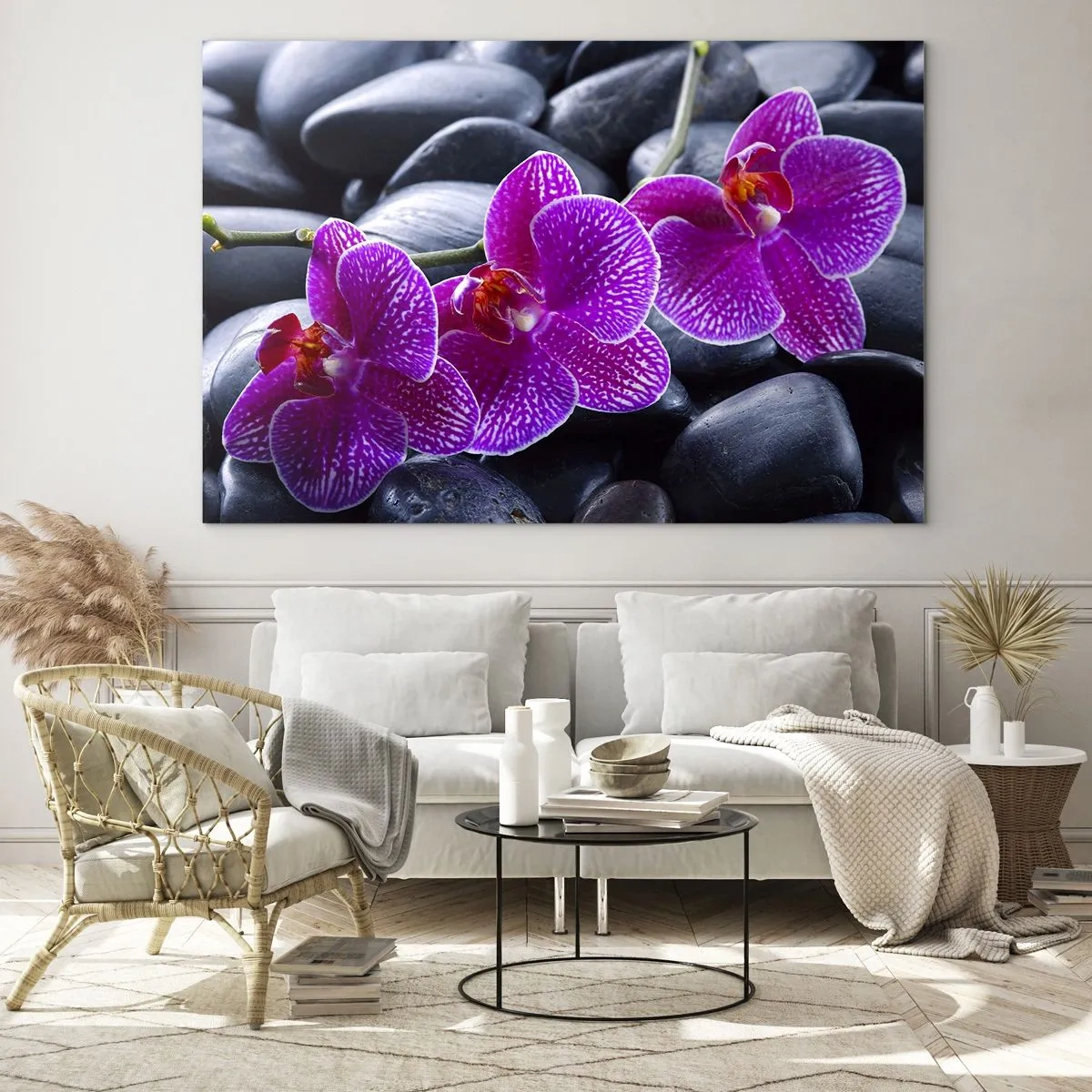 Cuadro sobre vidrio - Impresiones sobre Vidrio - Orquídeas moradas sobre un fondo de piedras lisas. - 120x80cm - Las piedras brillan con deleite - Decoración de pared moderna para salón y dormitorio ARTTOR