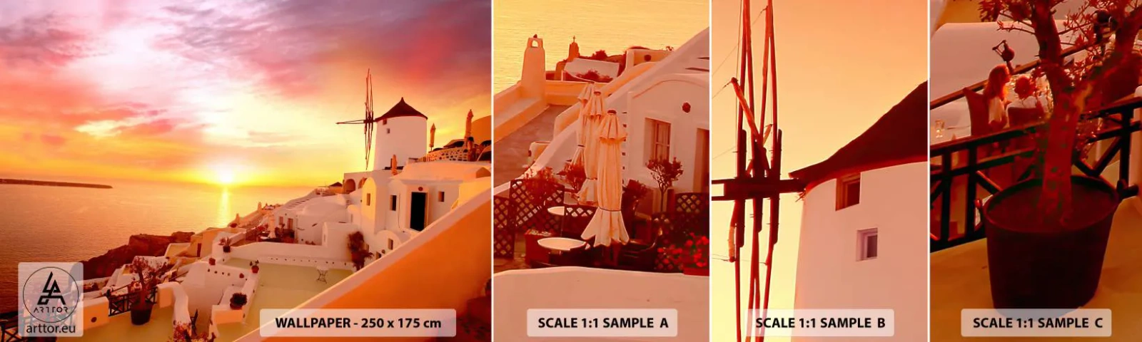 Muestra de fotomural autoadhesivo Deluxe Sticker - Blanco y dorado - Paisaje, Santorini, Grecia - 100x30 cm