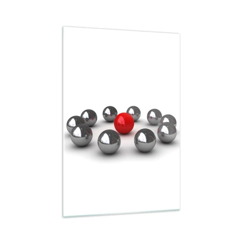 Cuadro sobre vidrio - Impresiones sobre Vidrio - Una bola roja rodeada de bolas plateadas sobre un fondo blanco. - 70x100cm - Círculo en plata y rojo - Decoración de pared moderna para salón y dormitorio ARTTOR