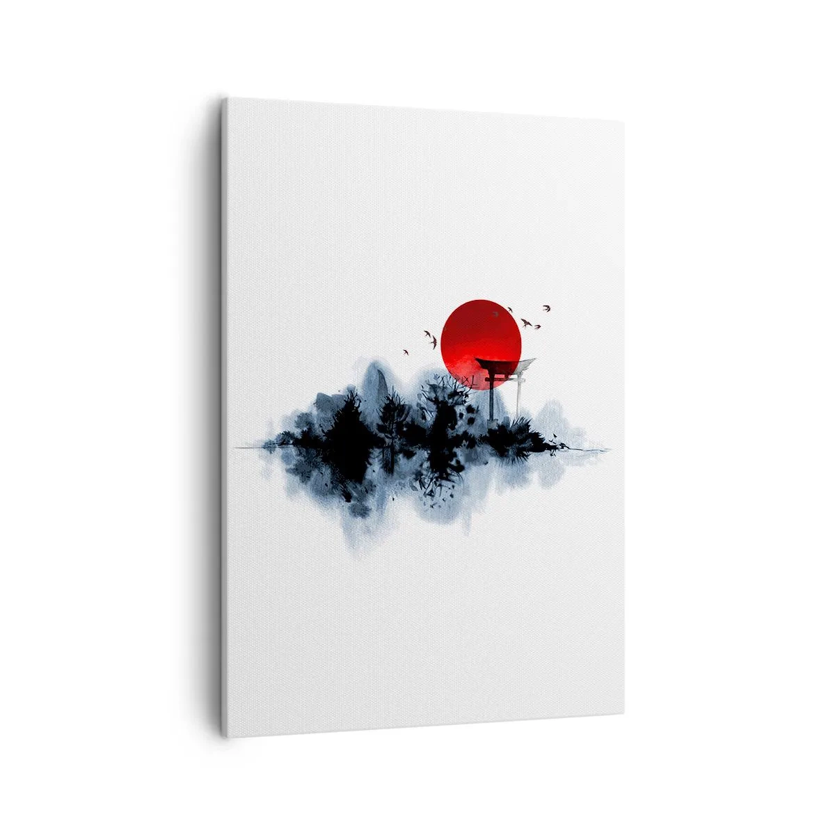 Cuadro sobre lienzo - Impresión de Imagen - Sol rojo sobre un paisaje pintoresco con torii - 50x70cm - Visión japonesa - Decoración de pared moderna para salón y dormitorio ARTTOR