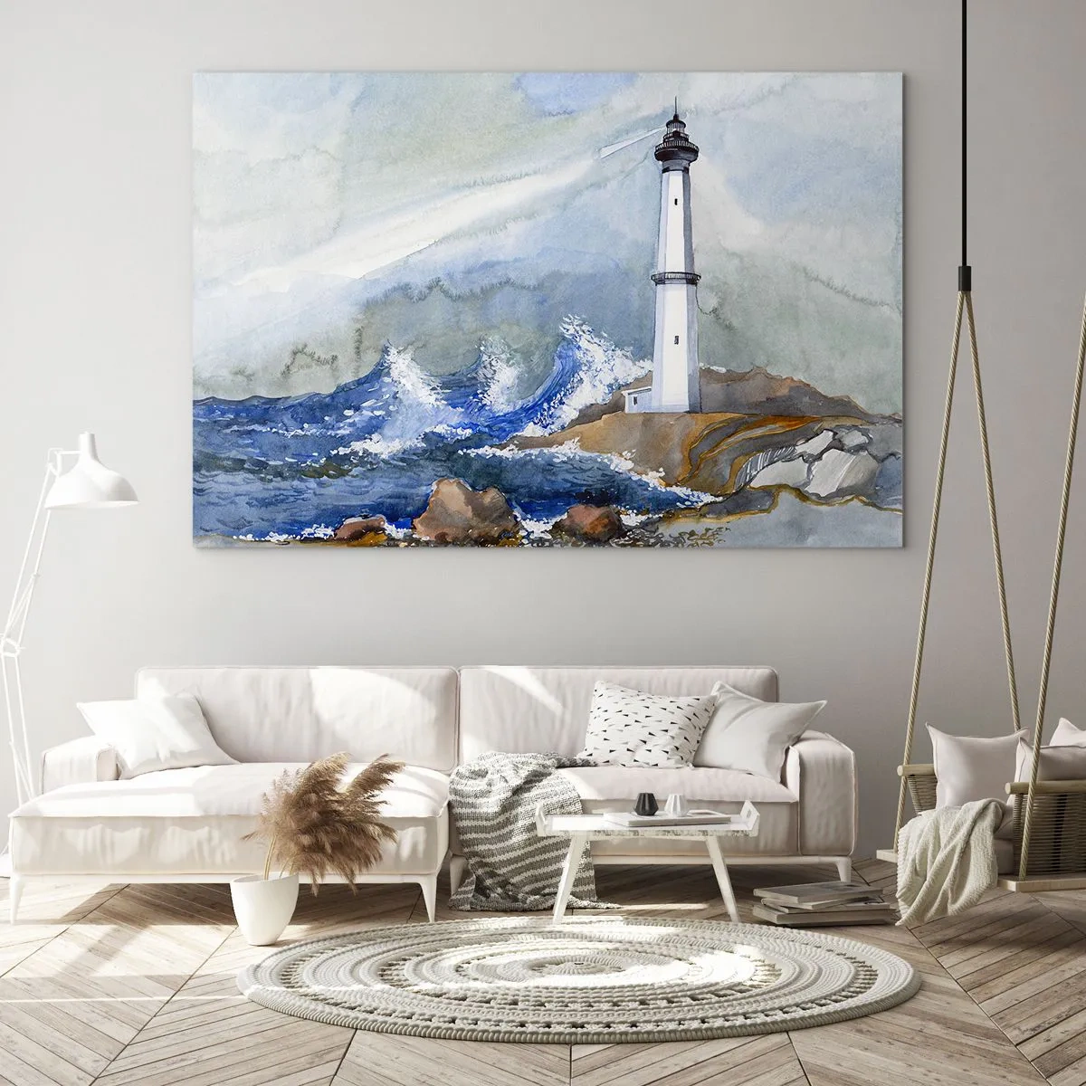 Cuadro sobre vidrio - Impresiones sobre Vidrio - Un faro junto a un mar tempestuoso en estilo acuarela. - 100x70cm - Contra la oscuridad y la tormenta - Decoración de pared moderna para salón y dormitorio ARTTOR