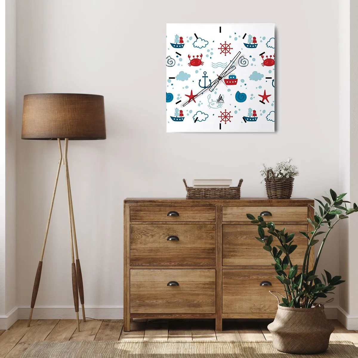 Reloj de pared - Reloj de vidrio - Patrón náutico con anclas, barcos y cangrejos. - 30x30cm - Un cuento de mar - Decoración de pared moderna para salón y dormitorio ARTTOR