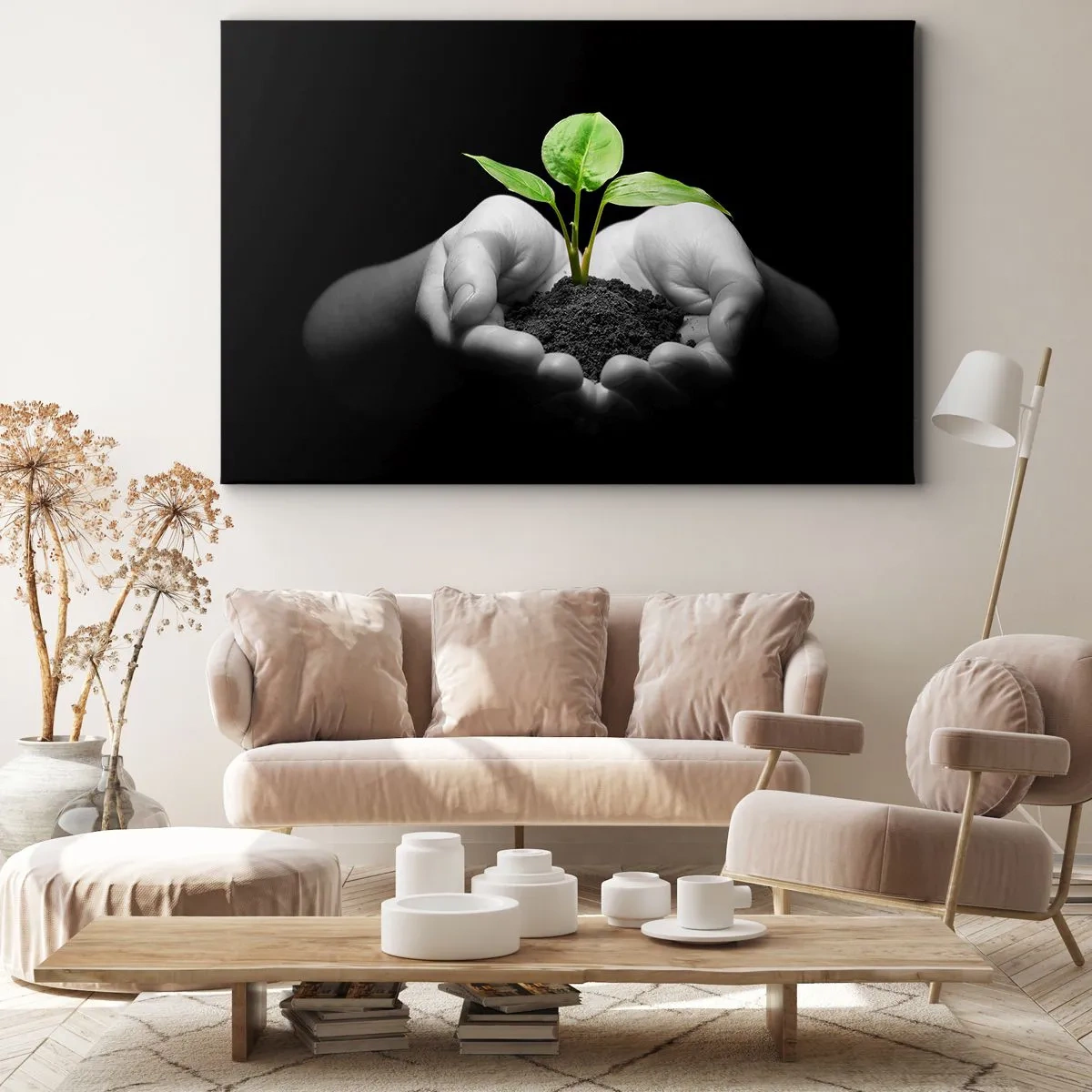 Cuadro sobre lienzo - Impresión de Imagen - Manos sosteniendo una planta verde sobre un fondo negro - 70x50cm - Amo la naturaleza, la protejo - Decoración de pared moderna para salón y dormitorio ARTTOR