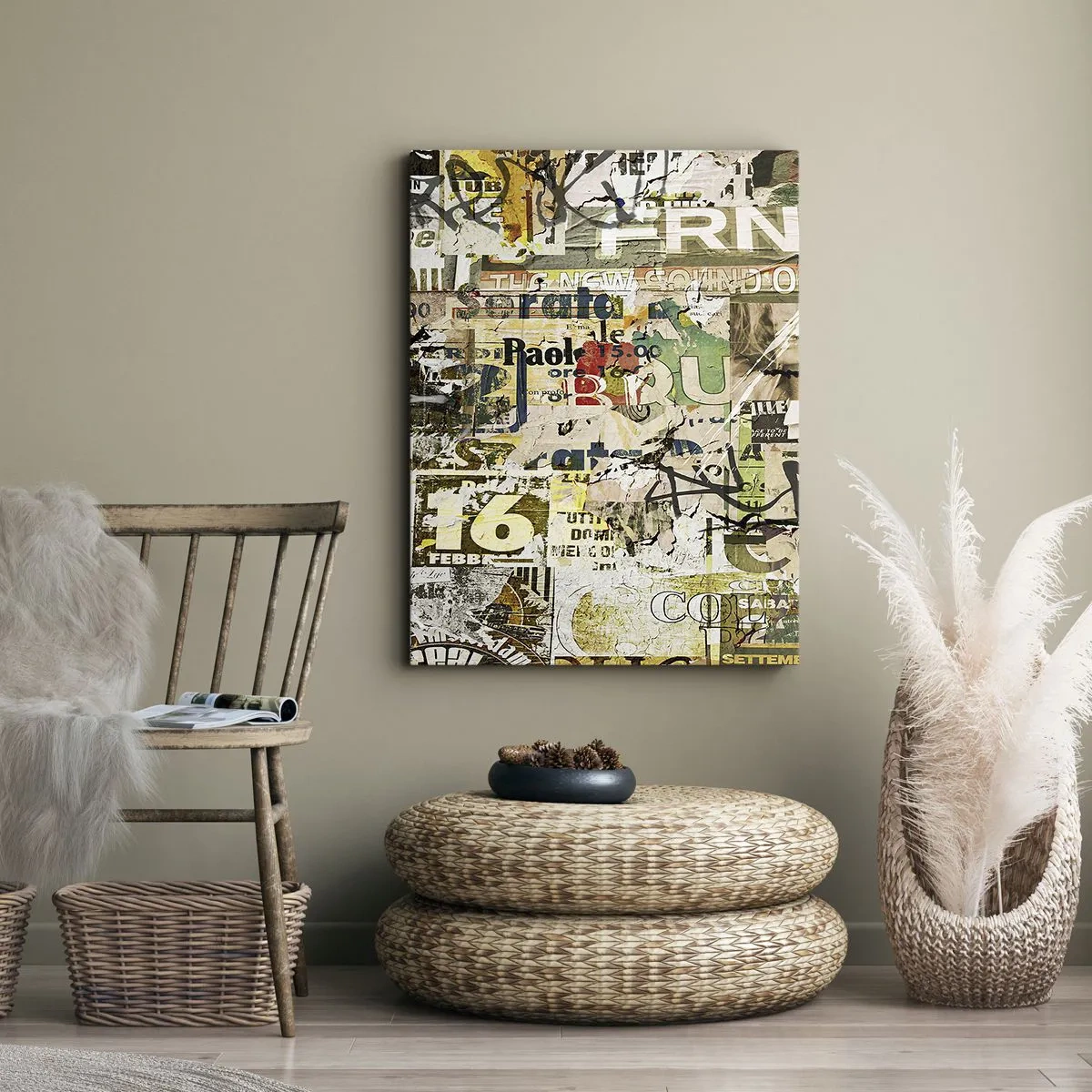 Cuadro sobre lienzo - Impresión de Imagen - Un collage de fragmentos de periódicos y carteles en estilo artístico. - 50x70cm - Oh, está sucediendo... - Decoración de pared moderna para salón y dormitorio ARTTOR