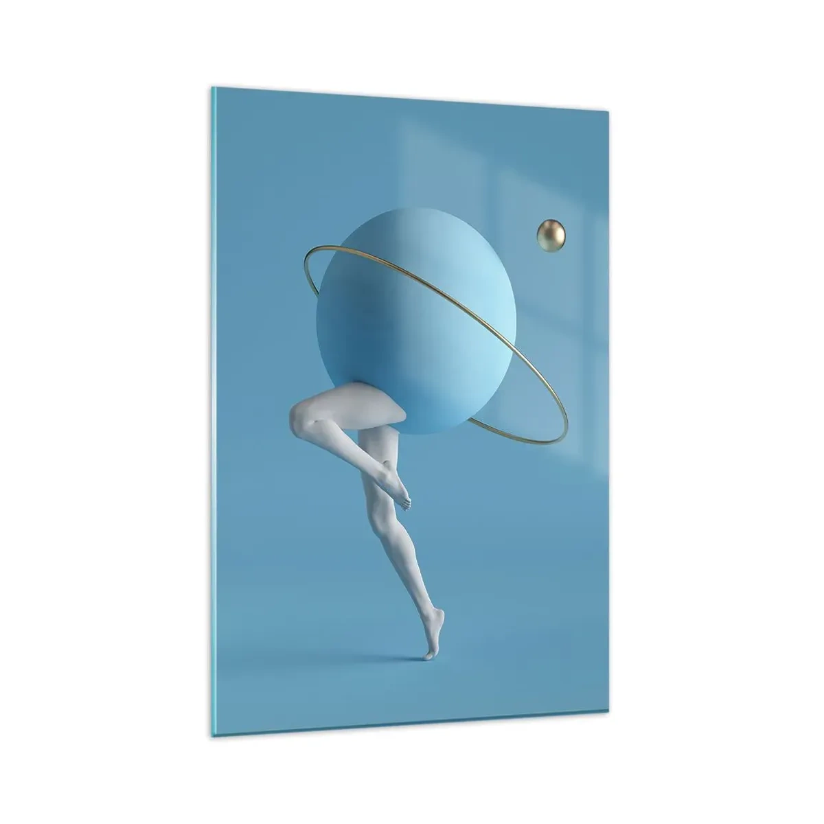 Cuadro sobre vidrio - Impresiones sobre Vidrio - Una esfera azul con una órbita y piernas humanas contra el cielo. - 80x120cm - Y los planetas se vuelven locos - Decoración de pared moderna para salón y dormitorio ARTTOR