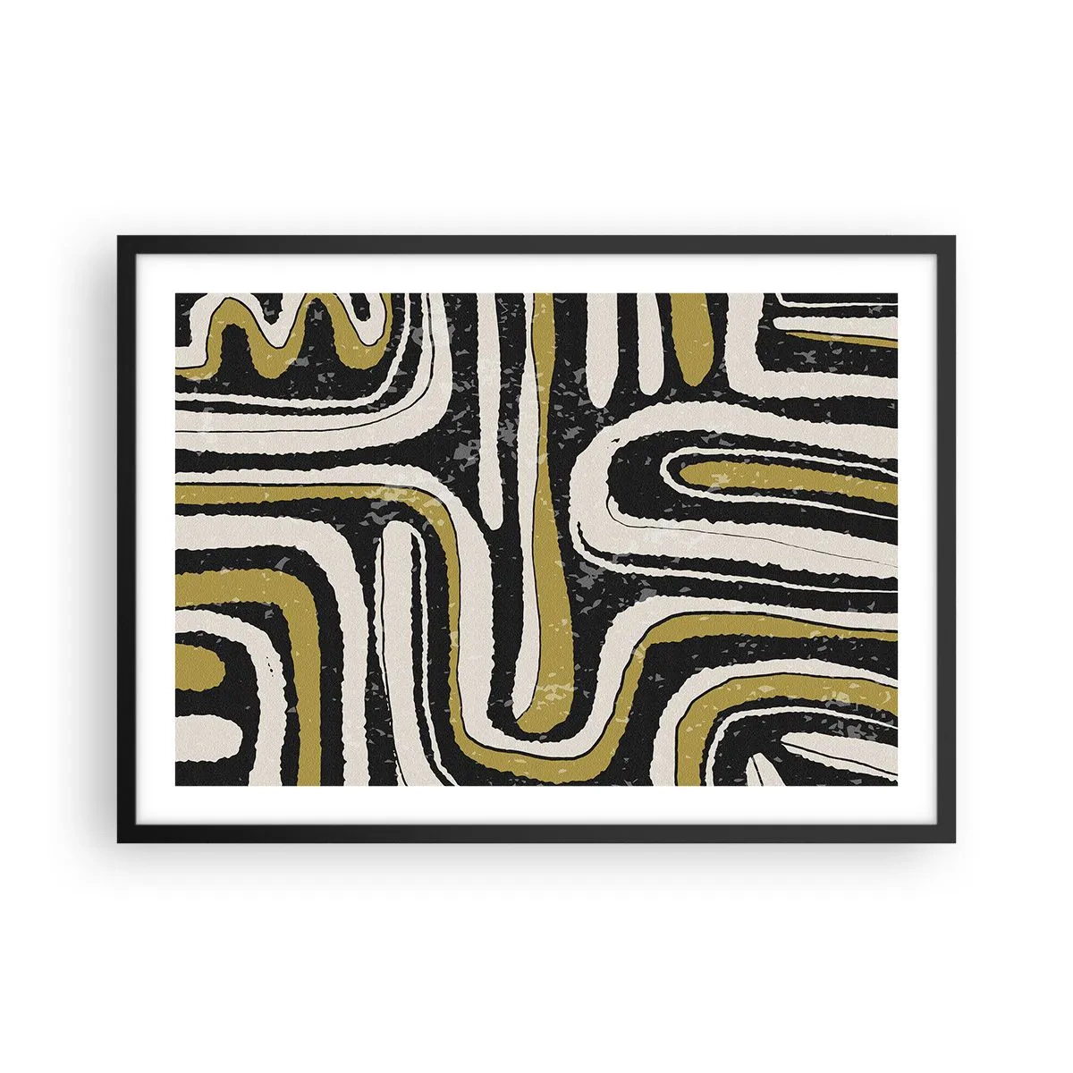 Póster en marco negro - Patrón abstracto en negro, blanco y dorado. - 70x50cm - Composición: tramos y callejones - Decoración de pared moderna para salón y dormitorio ARTTOR
