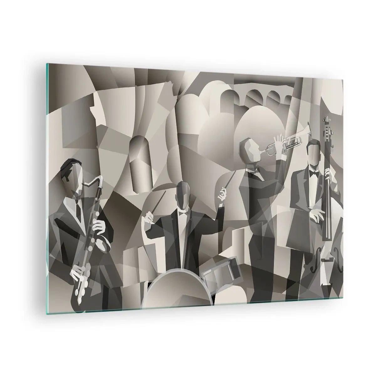 Cuadro sobre vidrio - Impresiones sobre Vidrio - Escenario de banda de jazz estilizado en tonos monocromáticos. - 70x50cm - En el espacio de los sonidos - Decoración de pared moderna para salón y dormitorio ARTTOR