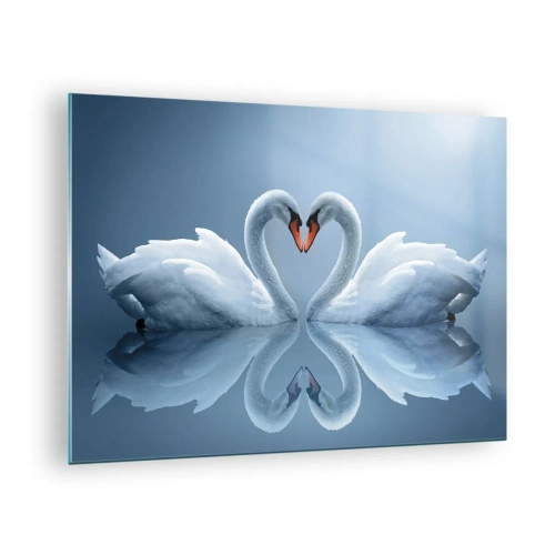 Cuadro sobre vidrio - Impresiones sobre Vidrio - Dos cisnes formando un corazón en la superficie del agua. - 70x50cm - Tiempo de amor - Decoración de pared moderna para salón y dormitorio ARTTOR