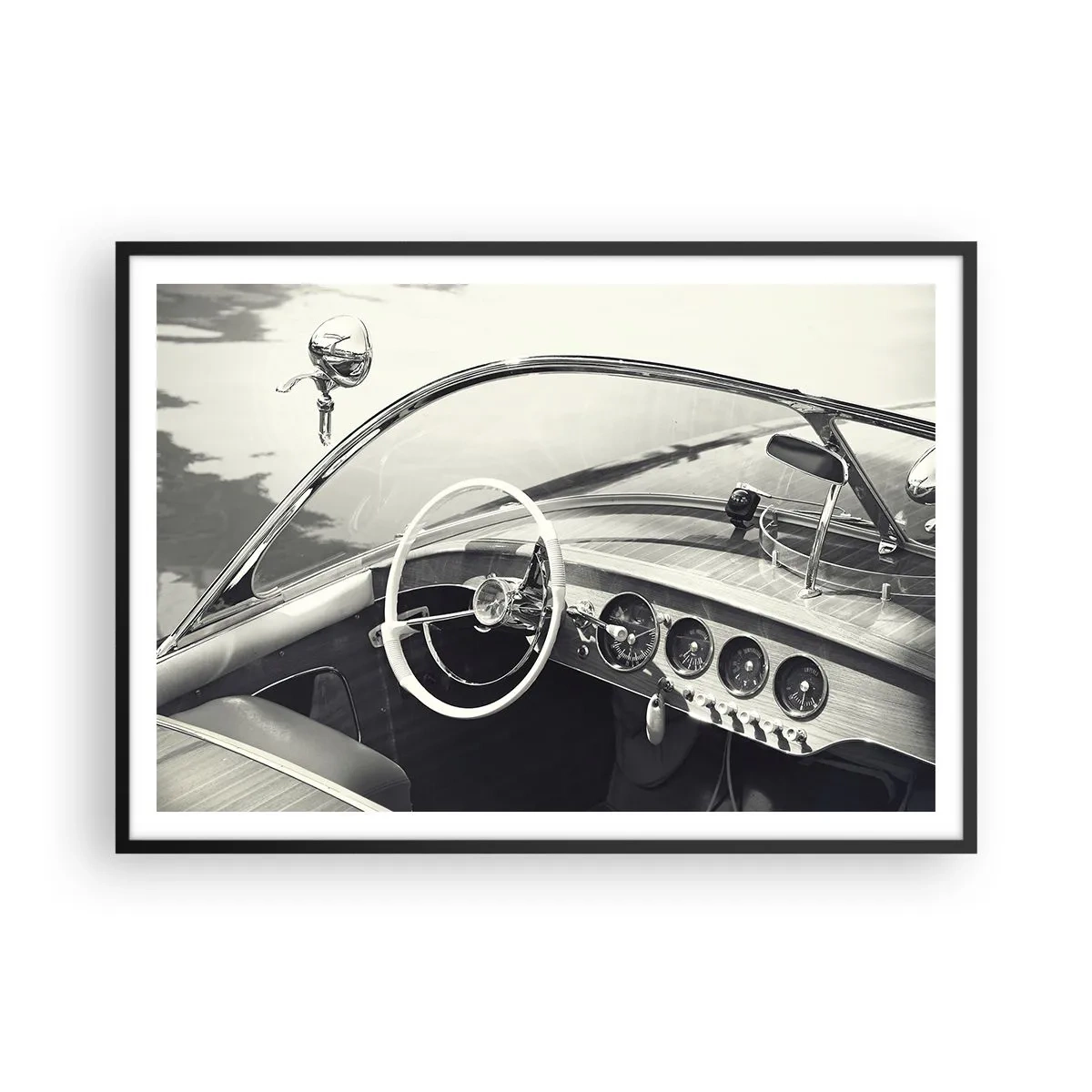 Póster en marco negro - Interior de coche clásico en estilo monocromático. - 100x70cm - Tiempo para los ricos - Decoración de pared moderna para salón y dormitorio ARTTOR