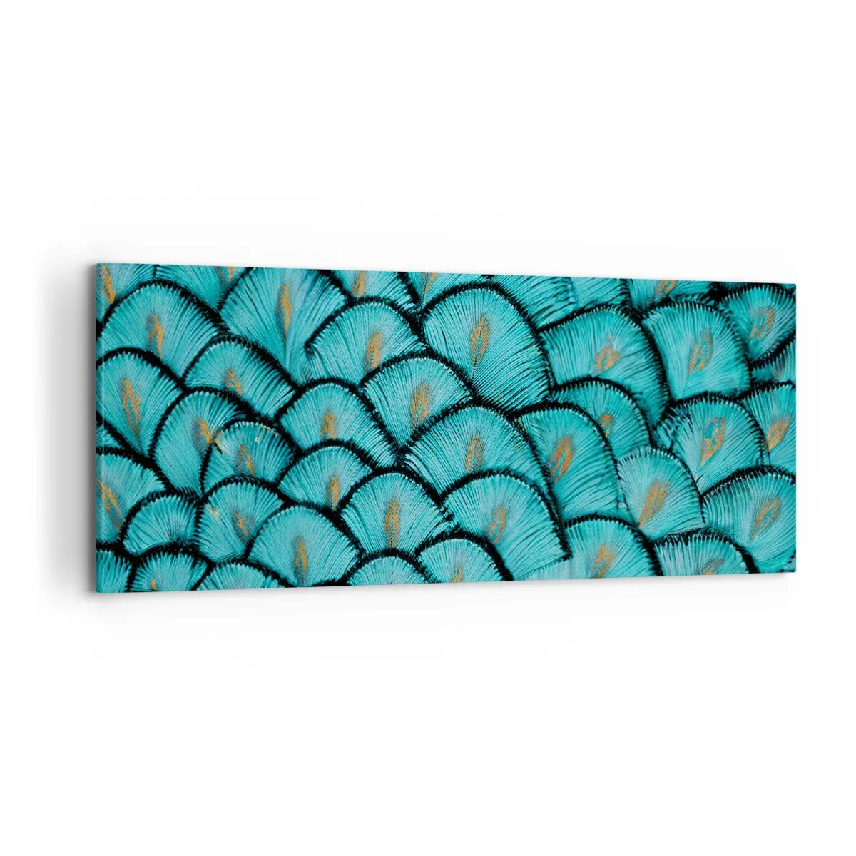 Cuadro sobre lienzo - Impresión de Imagen - Un patrón que se asemeja a escamas turquesas con acentos dorados. - 120x50cm - La gran gala de las plumas - Decoración de pared moderna para salón y dormitorio ARTTOR