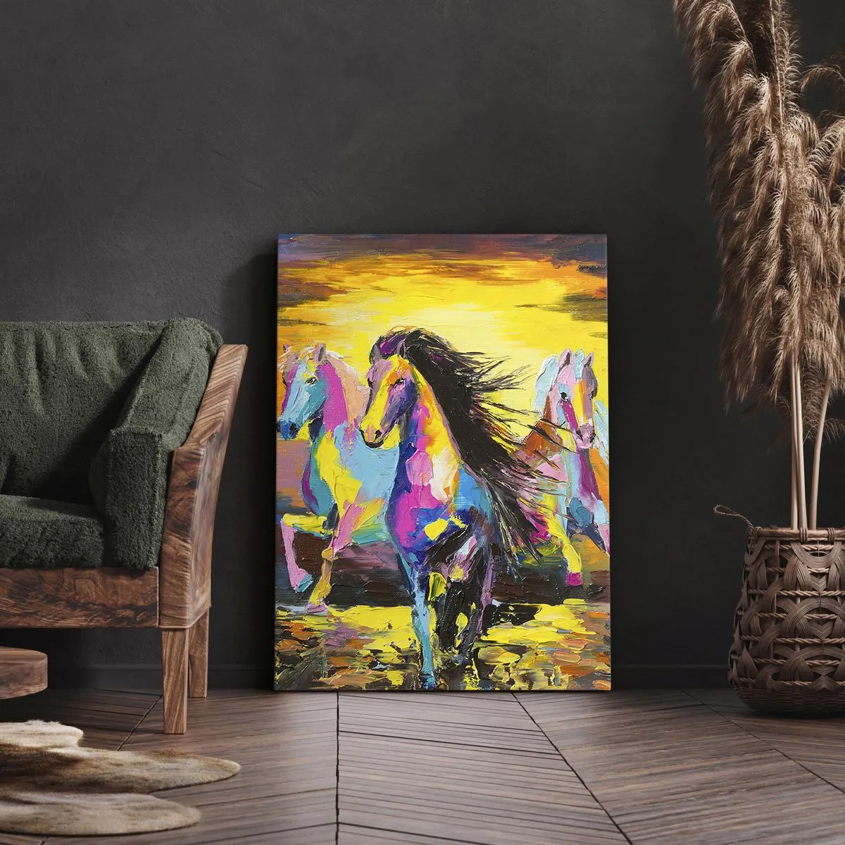 Cuadro sobre lienzo - Impresión de Imagen - Caballos coloridos galopando con el sol poniente como telón de fondo - 50x70cm - Sumergido en un arco iris - Decoración de pared moderna para salón y dormitorio ARTTOR