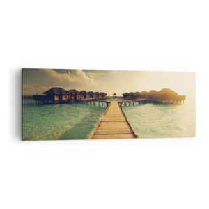 Cuadro sobre lienzo - Impresión de Imagen - Un embarcadero de madera que conduce a las casas sobre el agua, iluminadas por los rayos del sol. - 140x50cm - Una cálida invitación - Decoración de pared moderna para salón y dormitorio ARTTOR
