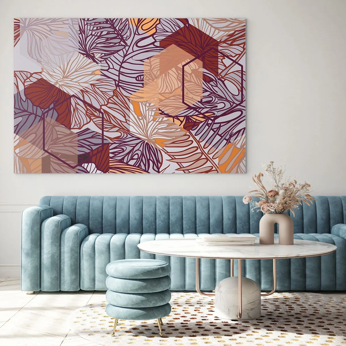 Cuadro sobre vidrio - Impresiones sobre Vidrio - Hojas gráficas sobre un fondo de formas geométricas. - 70x50cm - La unión imposible de la geometría y la naturaleza - Decoración de pared moderna para salón y dormitorio ARTTOR