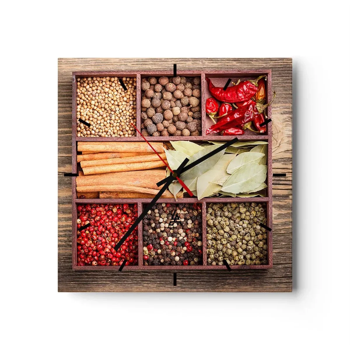 Reloj de pared - Reloj de vidrio - Caja de madera con varias especias en compartimentos. - 30x30cm - Orden de formas, composición de aromas - Decoración de pared moderna para salón y dormitorio ARTTOR