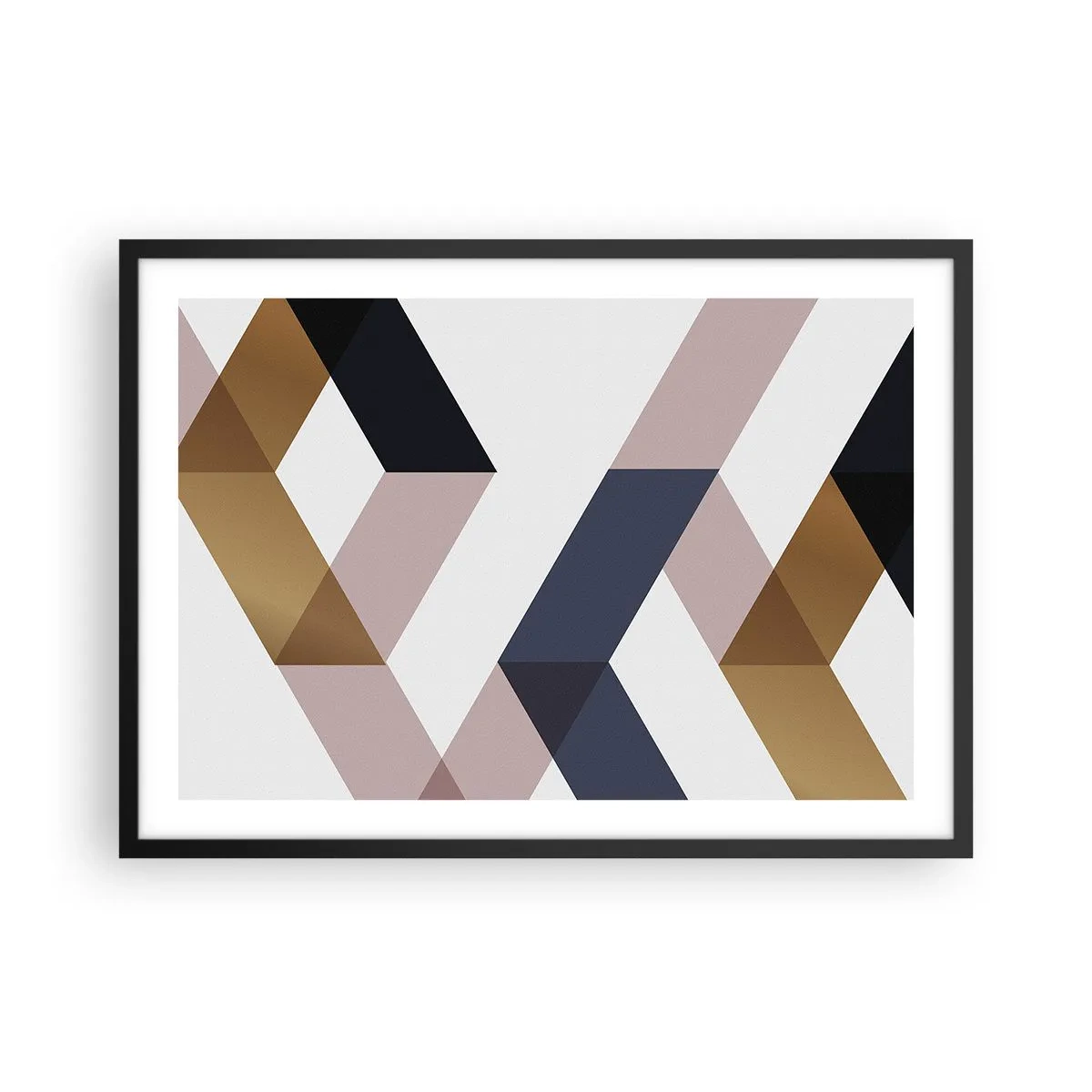 Póster en marco negro - Patrones geométricos en tonos dorados y azul marino. - 70x50cm - Rectas y ángulos - Decoración de pared moderna para salón y dormitorio ARTTOR