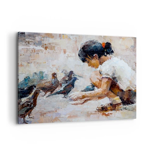 Cuadro sobre lienzo - Impresión de Imagen - Una niña alimentando pájaros en un estilo pictórico. - 100x70cm - Pequeños y dulces - Decoración de pared moderna para salón y dormitorio ARTTOR