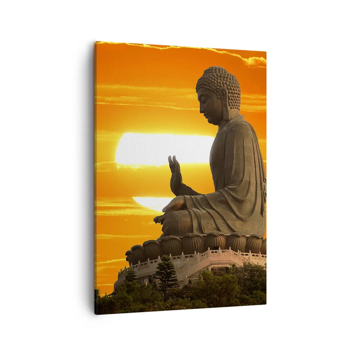 Cuadro sobre lienzo - Impresión de Imagen - Una estatua budista con el telón de fondo de una puesta de sol naranja. - 50x70cm - Sin miedo al mundo - Decoración de pared moderna para salón y dormitorio ARTTOR