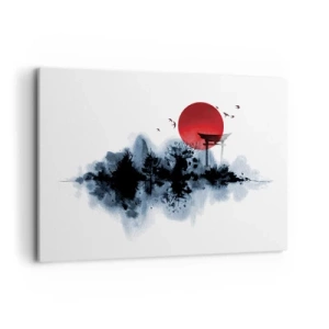 Cuadro sobre lienzo - Impresión de Imagen - Sol rojo sobre un paisaje pintoresco con torii - 100x70cm - Visión japonesa - Decoración de pared moderna para salón y dormitorio ARTTOR