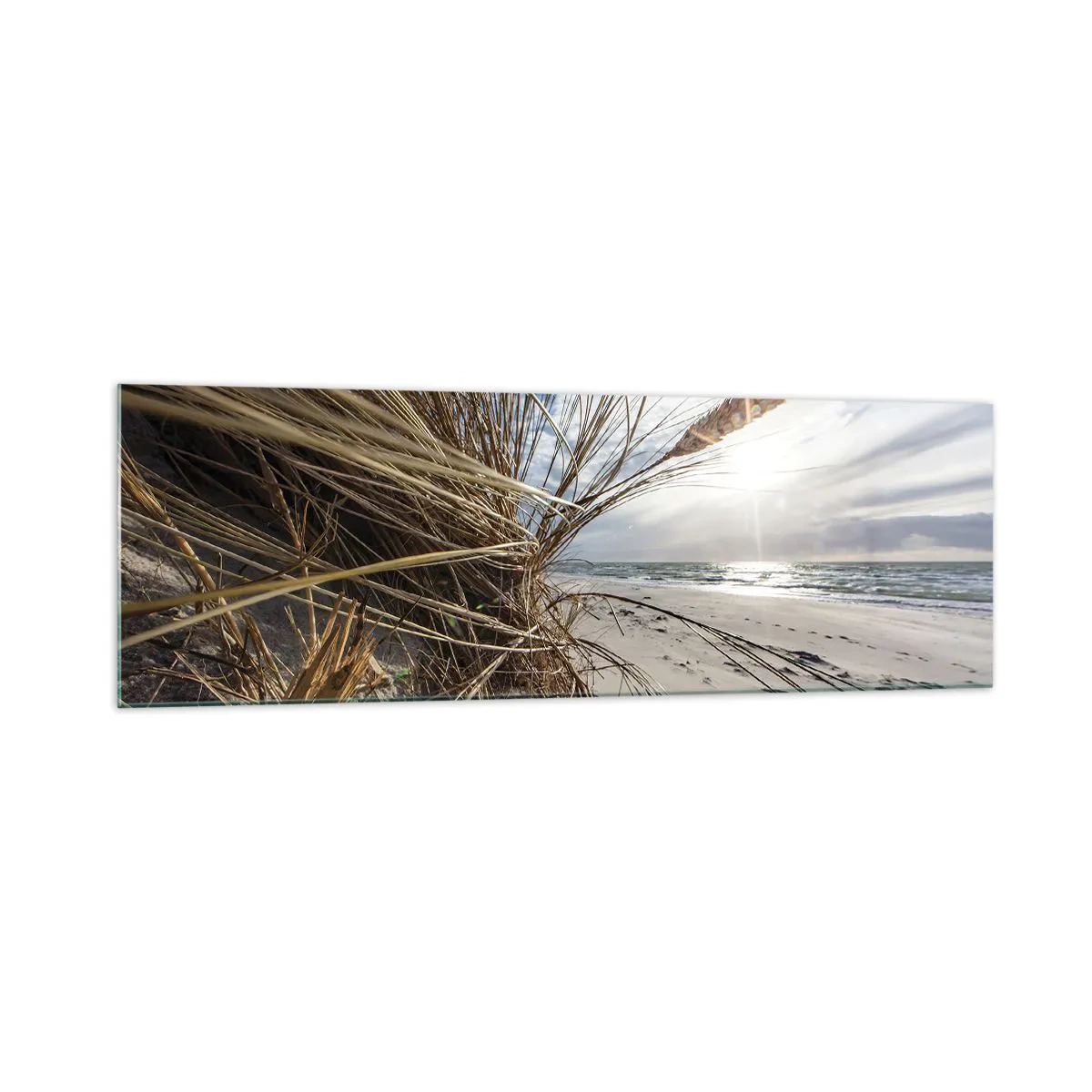 Cuadro sobre vidrio - Impresiones sobre Vidrio - Una playa con hierba seca en las dunas y vistas al mar. - 160x50cm - Una reunión de los elementos - Decoración de pared moderna para salón y dormitorio ARTTOR