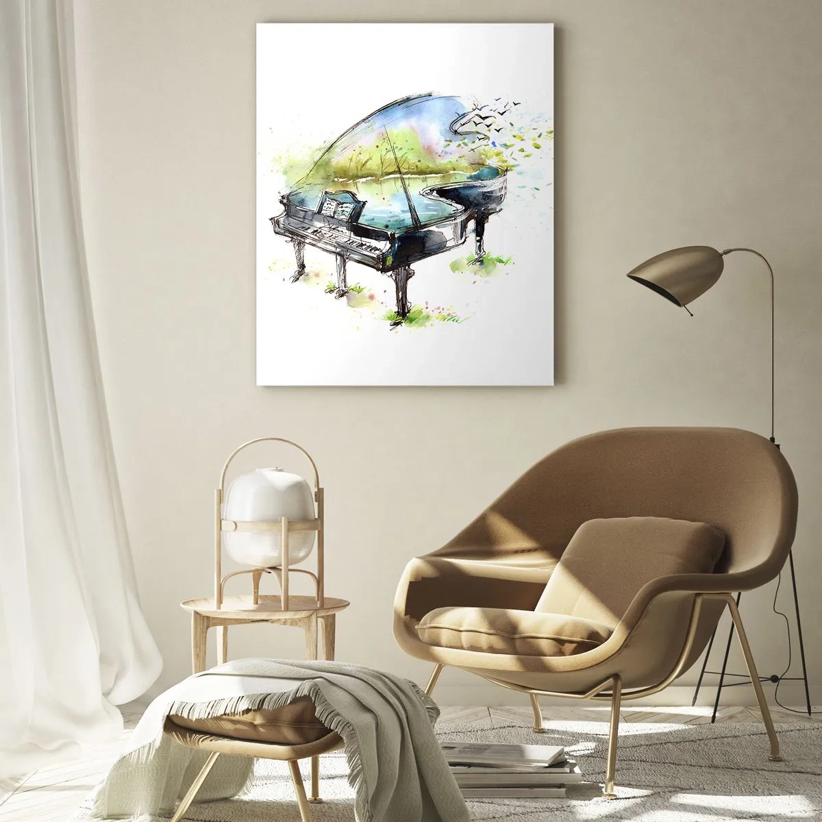 Cuadro sobre vidrio - Impresiones sobre Vidrio - Acuarela de un piano rodeado de naturaleza. - 50x70cm - Encantado con la música - Decoración de pared moderna para salón y dormitorio ARTTOR