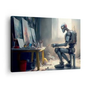 Cuadro sobre lienzo - Impresión de Imagen - Un robot pintando un cuadro en un estudio de arte. - 70x50cm - El acto de creación - Decoración de pared moderna para salón y dormitorio ARTTOR