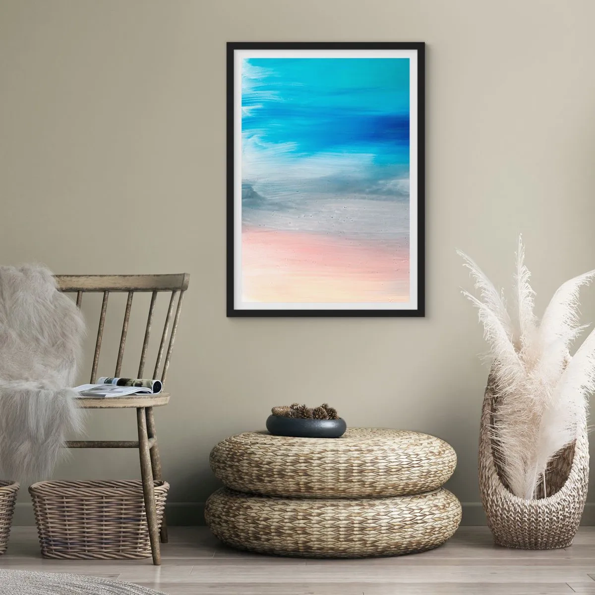 Póster en marco negro - Una composición abstracta en tonos azules, grises y beige. - 50x70cm - Elementos: aire - Decoración de pared moderna para salón y dormitorio ARTTOR