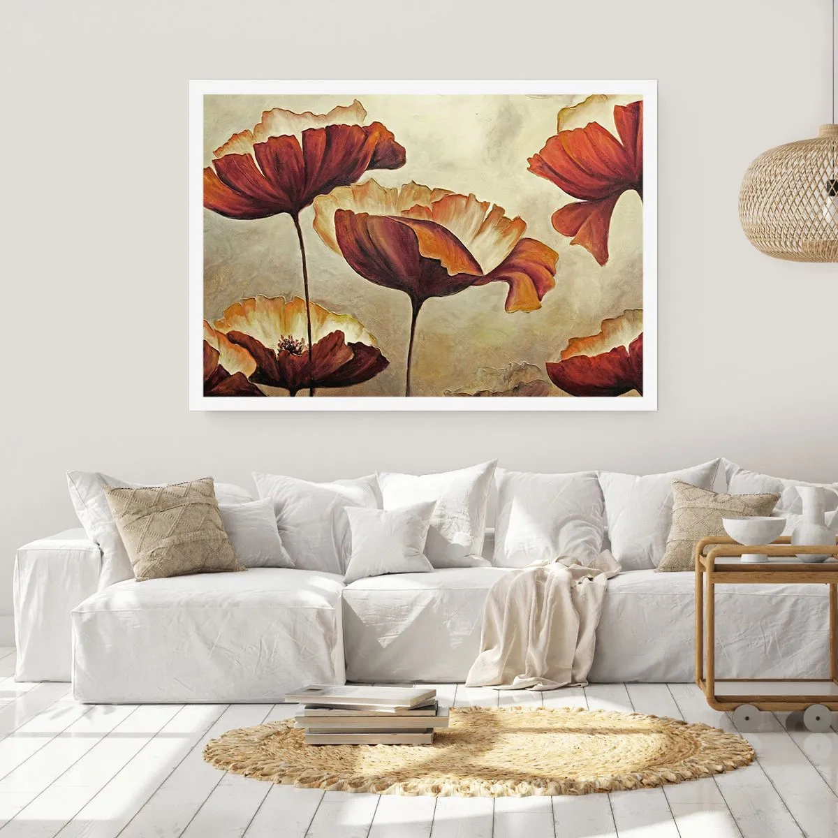 Póster - Flores sutiles en tonos rojos y dorados sobre un fondo claro. - 100x70cm - Prado de prados - Decoración de pared moderna para salón y dormitorio ARTTOR