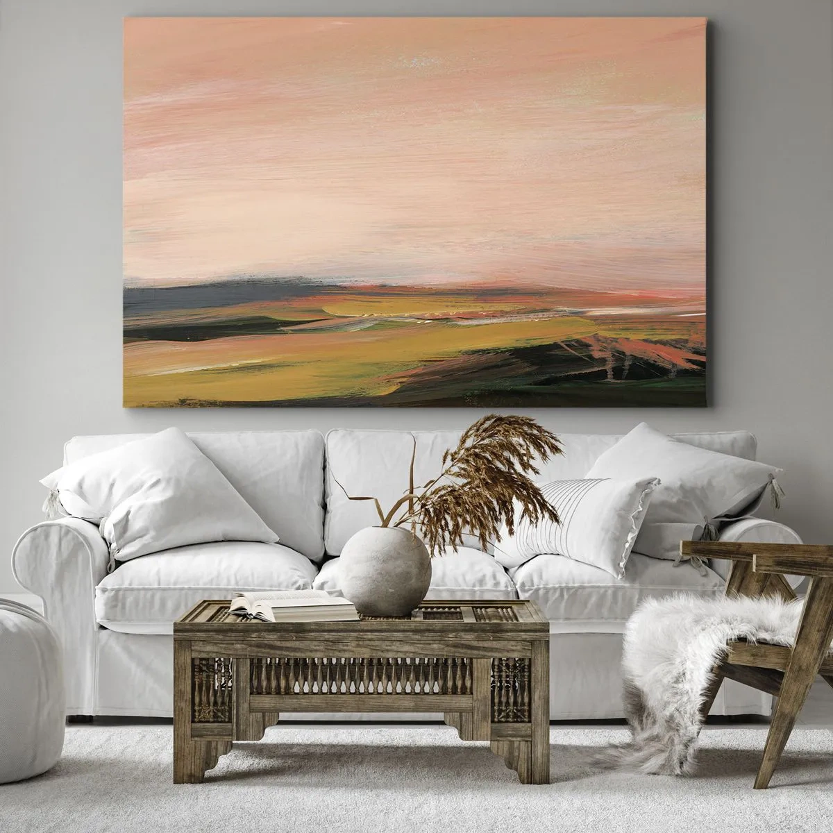 Cuadro sobre lienzo - Impresión de Imagen - Un paisaje en tonos rosa y dorado. - 70x50cm - En tono rosa - Decoración de pared moderna para salón y dormitorio ARTTOR