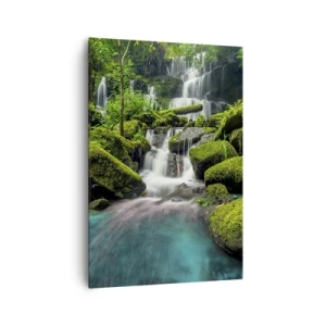 Cuadro sobre lienzo - Impresión de Imagen - Una cascada tropical rodeada de vegetación y agua turquesa. - 70x100cm - Turquesa, zafiro y plata líquida - Decoración de pared moderna para salón y dormitorio ARTTOR