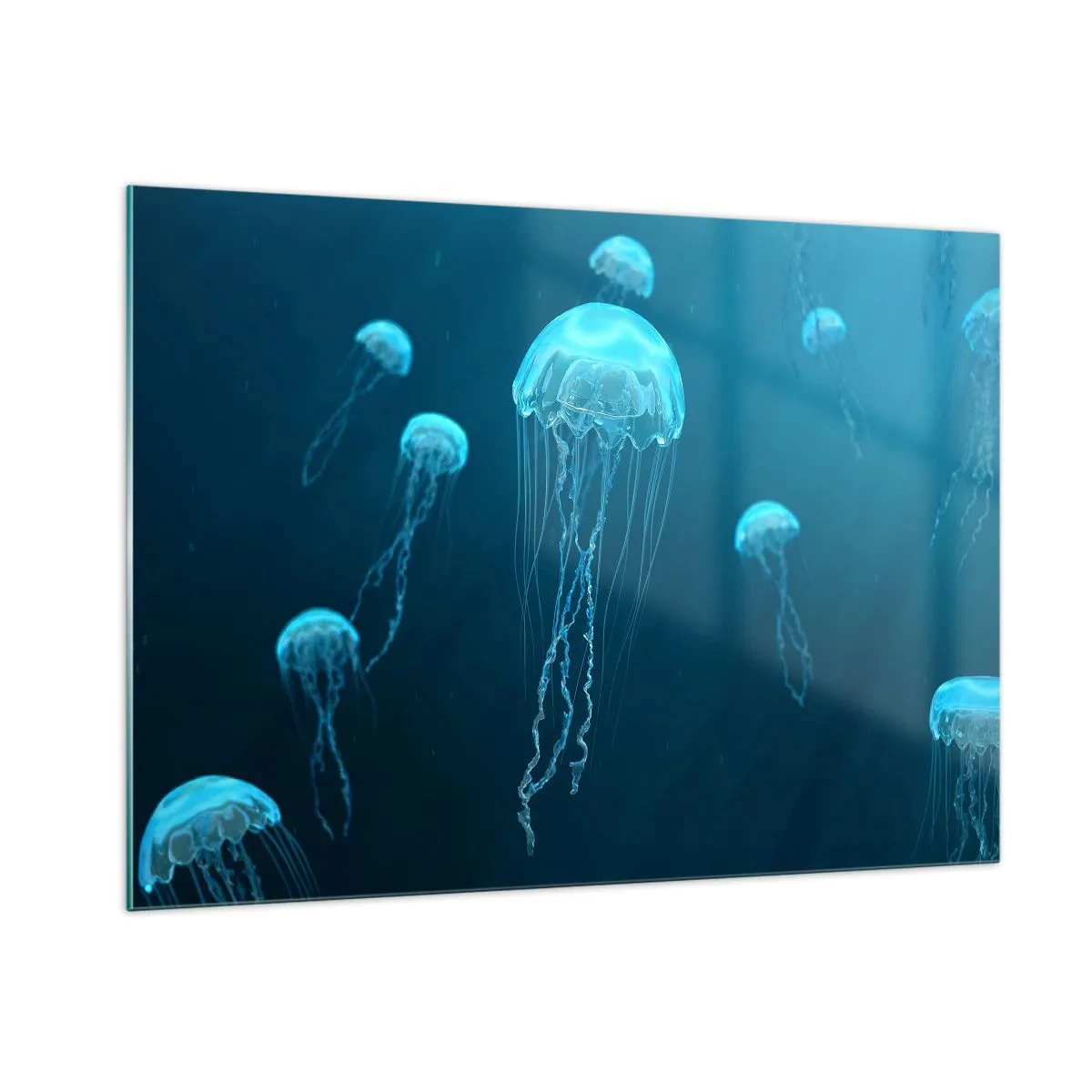 Cuadro sobre vidrio - Impresiones sobre Vidrio - Medusas flotando en el océano azul profundo - 100x70cm - Danza oceánica - Decoración de pared moderna para salón y dormitorio ARTTOR