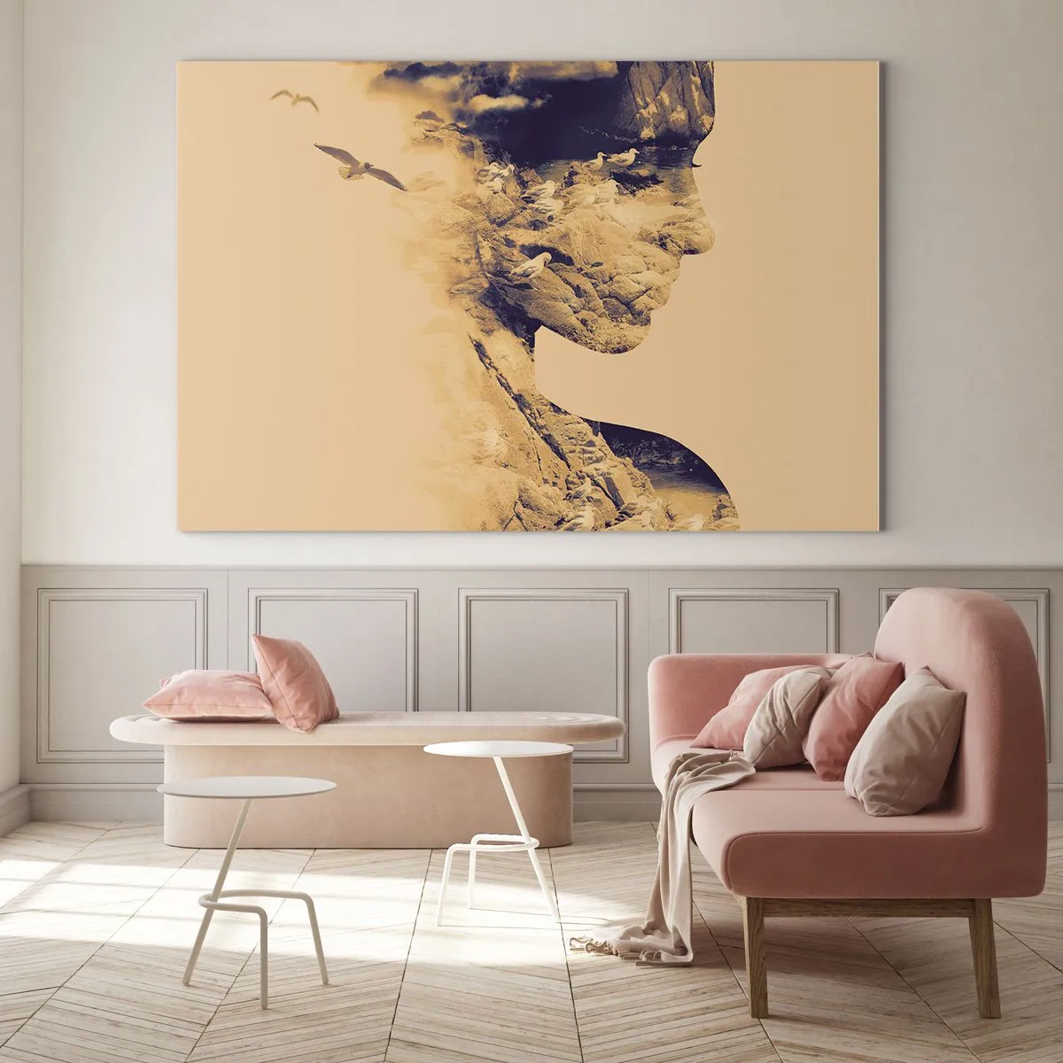 Cuadro sobre vidrio - Impresiones sobre Vidrio - Silueta de una mujer con motivo de paisaje y pájaros. - 100x70cm - Hermosa por naturaleza - Decoración de pared moderna para salón y dormitorio ARTTOR