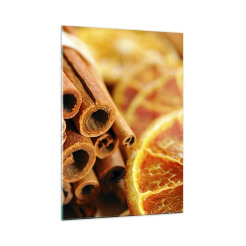Cuadro sobre vidrio - Impresiones sobre Vidrio - Primer plano de ramas de canela y rodajas de naranja secas - 50x70cm - ¿Puedes oler su aroma? - Decoración de pared moderna para salón y dormitorio ARTTOR