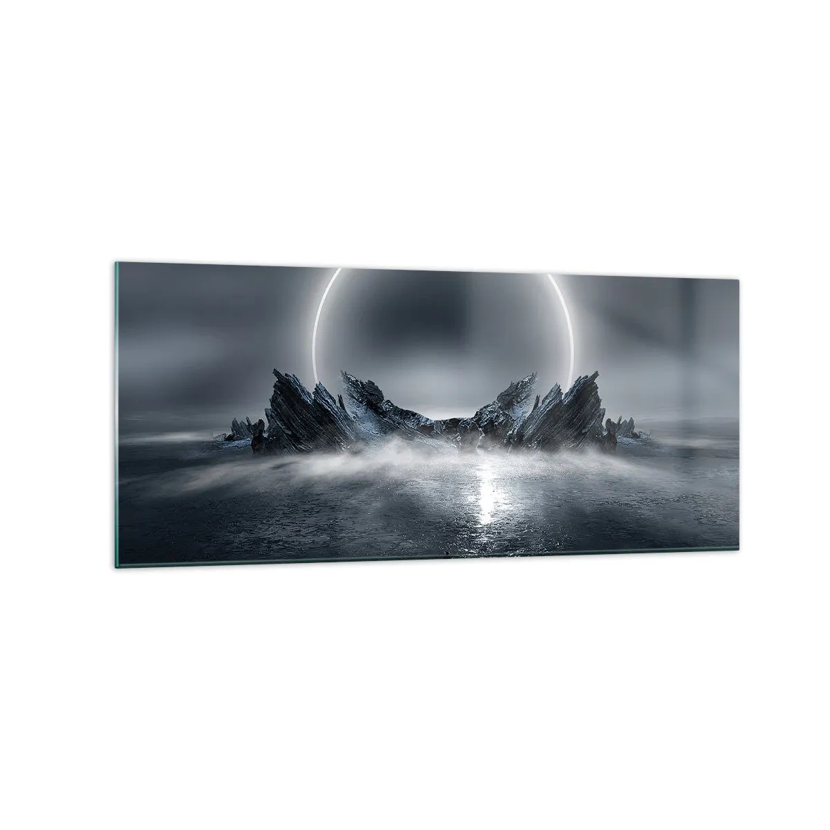 Cuadro sobre vidrio - Impresiones sobre Vidrio - Paisaje misterioso con un anillo de luz sobre las montañas. - 120x50cm - El final del cuento - Decoración de pared moderna para salón y dormitorio ARTTOR