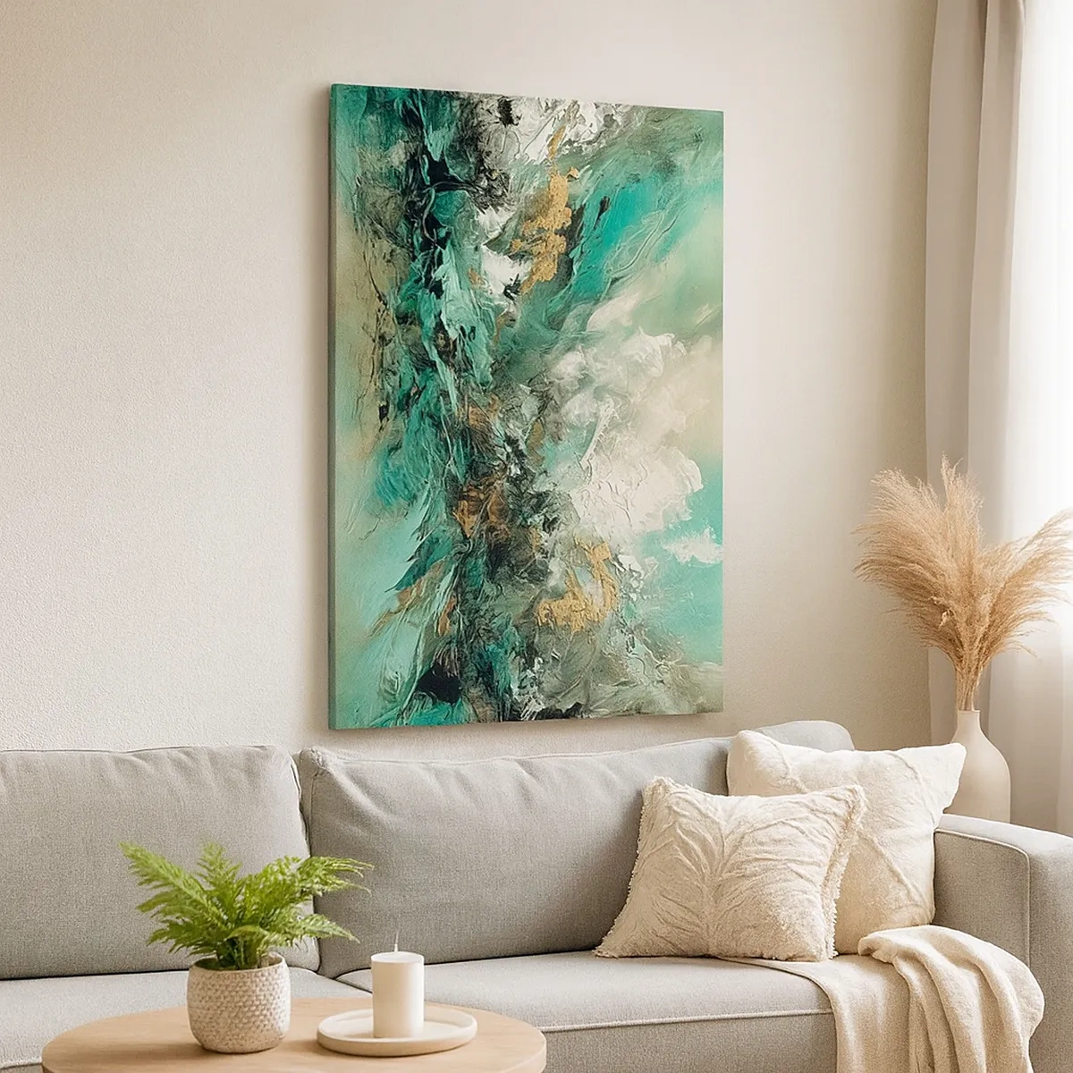 Cuadro sobre lienzo - Impresión de Imagen - Paisaje abstracto en tonos verdes y dorados. - 50x70cm - Hervor negro esmeralda - Decoración de pared moderna para salón y dormitorio ARTTOR