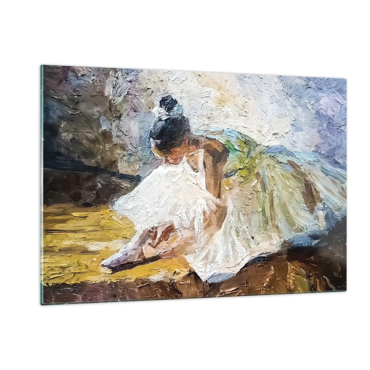 Cuadro sobre vidrio - Impresiones sobre Vidrio - Una bailarina inclinada hacia adelante con un vestido blanco pintado con una textura de óleo. - 120x80cm - De un cuadro de Degas - Decoración de pared moderna para salón y dormitorio ARTTOR