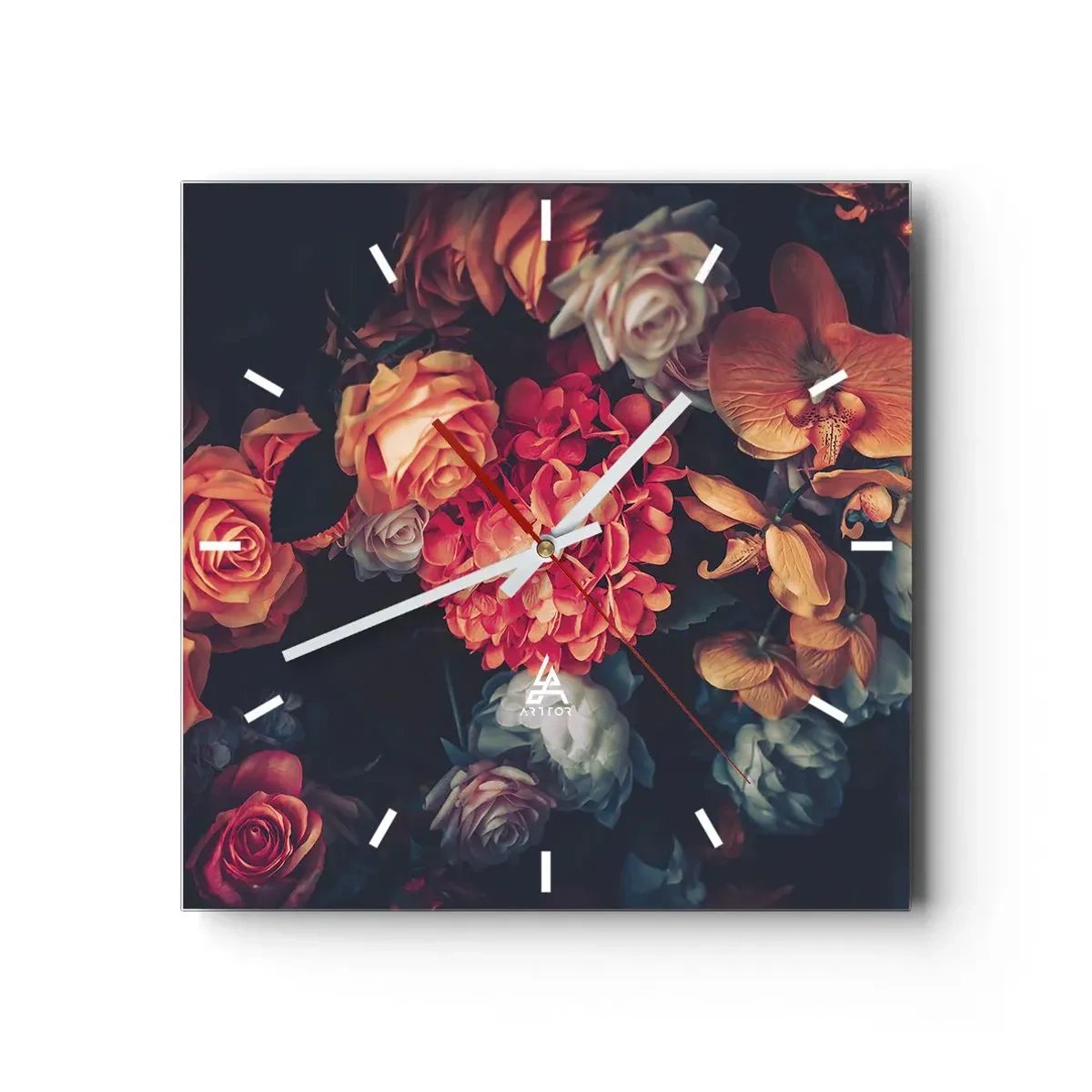 Reloj de pared - Reloj de vidrio - Un ramo de varias flores en tonos oscuros. - 30x30cm - Como los maestros holandeses - Decoración de pared moderna para salón y dormitorio ARTTOR